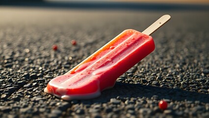 Melting Red Popsicle on Hot Asphalt - Summer Heat Concept