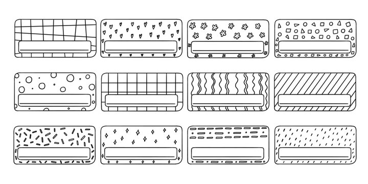 School name tag doodle sticker. Cute notebook frame label card. Vector outline illustration