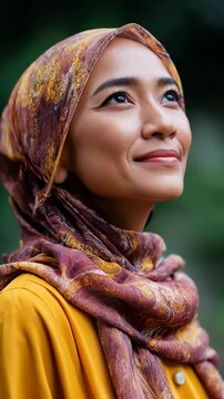 A woman wearing a colorful scarf and a yellow shirt is smiling. The scarf is multicolored and has a pattern