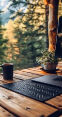 Outdoor workspace with laptop, mug, and plant