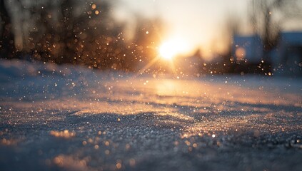 Golden sunset illuminates falling snow on a snowy ground, creating a bokeh effect with warm light
