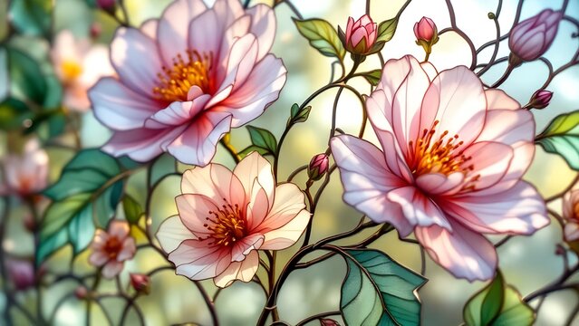 Floral stained glass window with pink flowers and green leaves