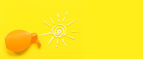 Sunscreen cream and drawn sun on yellow background with space for text