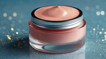 Luxury pink facial cream in glass jar on glitter background
