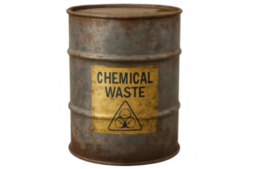 Rusty metal barrel with biohazard symbol indicating chemical waste, isolated on transparent background