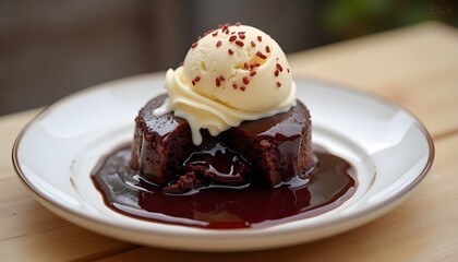 Small round chocolate lava cake with vanilla ice cream on top, drizzled in fudge sauce and melting into the center of its white plate