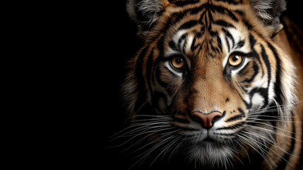 Obraz premium Stunning Close-Up of Bengal Tiger Face with Piercing Eyes on Black Background for Global Tiger Day Awareness