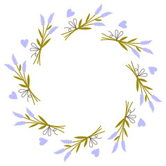 Lavender Circle Frame with Heart Shapes. Elegant romantic round border with empty space for greeting card and wedding invitation design. Flat vector illustration