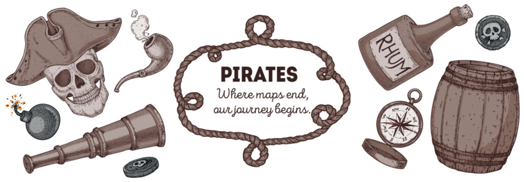 Pirate border. Hand drawn cartoon style vector. Old sea map template with nautical elements. Ideal for pirate party invitations, labels, and design projects.