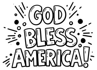 God Bless America inspirational typography graphic design. Bold. stylized lettering with graphic design elements. against a plain white background.