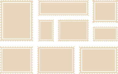 Collection of blank postage stamps in various sizes arranged on a dark background in a flat lay style