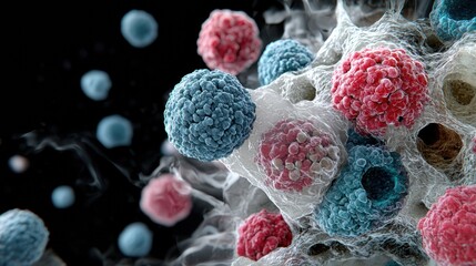 A Fascinating Blend of Blue and Pink Flowers Visualized in Relation to Medical Laboratory Experiments on Cancer Cell Division Under Microscopy