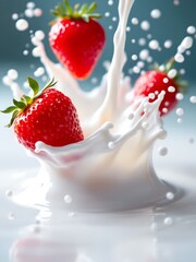 Fresh strawberries splashing into milk, food photography concept