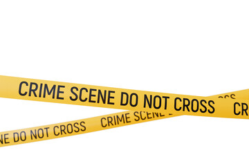 Yellow tape with the words Crime Scene Do Not Cross written on it. The tape is placed isolated on a white background. 3d render