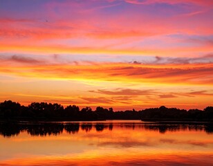 Obraz premium vibrant orange and pink sunset sky mirrored on still lake surface at dusk