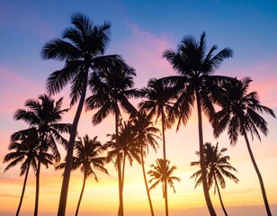 Obraz premium tropical palm tree silhouettes against pastel sunset sky over calm beach