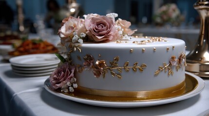 Fototapeta premium Elegant wedding cake decoration banquet hall food photography festive atmosphere close-up culinary art