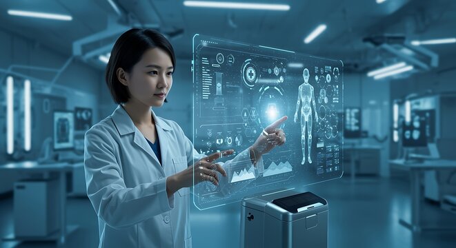 Female Scientist Using Futuristic Holographic Interface for Medical Research
