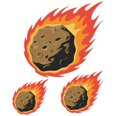 Fiery meteorite falling set vector isolated white background