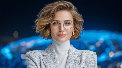 Confident female executive in stylish blazer and glasses standing against blue bokeh background with assertive and poised expression