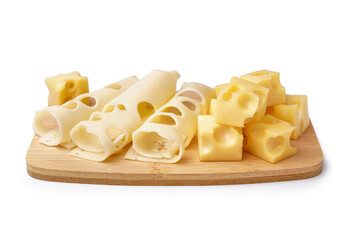 Cubes and slices of Swiss cheese with wooden board on white background