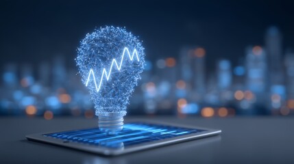 Futuristic glowing lightbulb made of network nodes with growth chart above digital tablet, symbolizing innovation and tech progress
