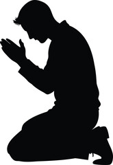 Silhouette of a kneeling man in prayer, isolated on a white background
