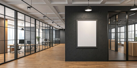 Sophisticated Blank Poster Mockup on a Dark Wall in a Modern Office Space