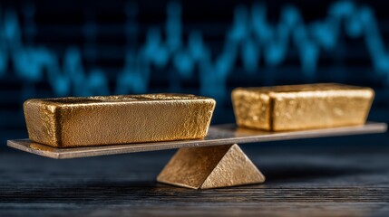 Two gold bars placed unevenly on a metallic balance scale over wooden surface with blurry financial chart in background representing market fluctuation and value comparison in gold investment