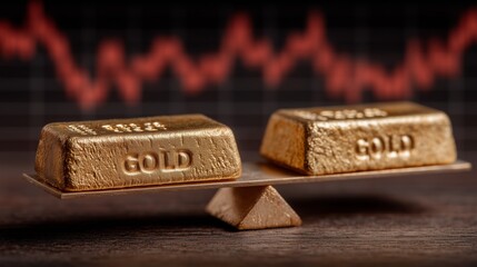 Two textured gold bars balanced on a scale over wooden surface with red fluctuating stock chart background symbolizing financial volatility
