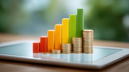 Colorful bar chart and stacked gold coins rising on digital tablet screen symbolizing financial growth and investment success