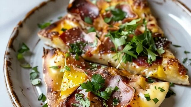 Pizza slices with ham cheese and yellow topping