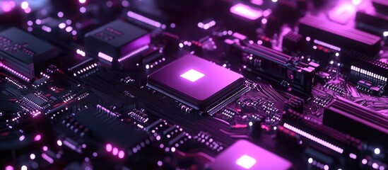Close-up of a complex electronic circuit board, highlighted in vibrant purple-pink hues