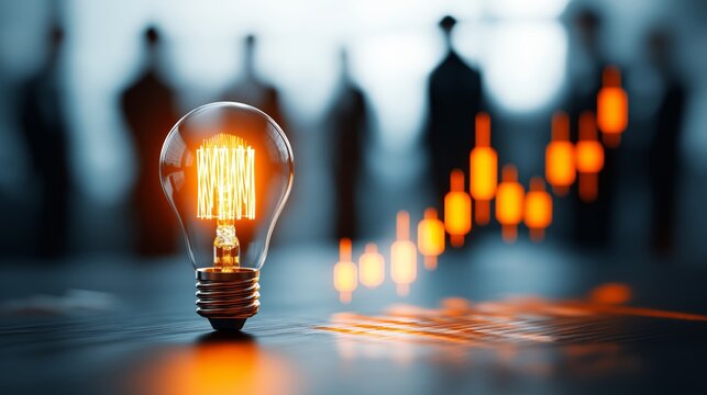 Glowing light bulb on table with financial candlestick chart and blurred business figures in background symbolizing innovative market ideas