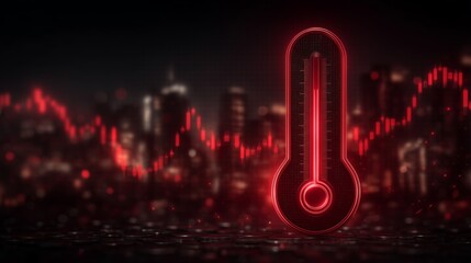 Red glowing thermometer on financial background with candlestick chart indicating overheating economy and critical inflation threshold
