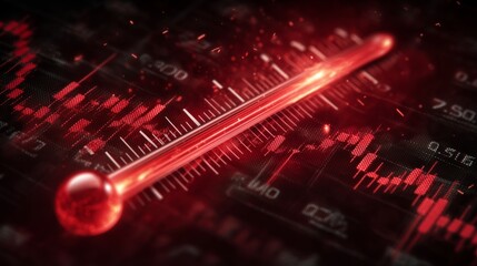 Red glowing thermometer over financial chart symbolizing economic overheating, inflation surge, and market volatility pressure
