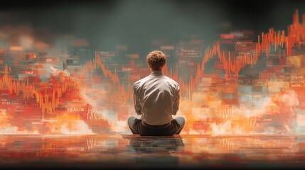 Man sits calmly in front of chaotic red financial graphs symbolizing market turbulence, crisis reflection, and economic pressure