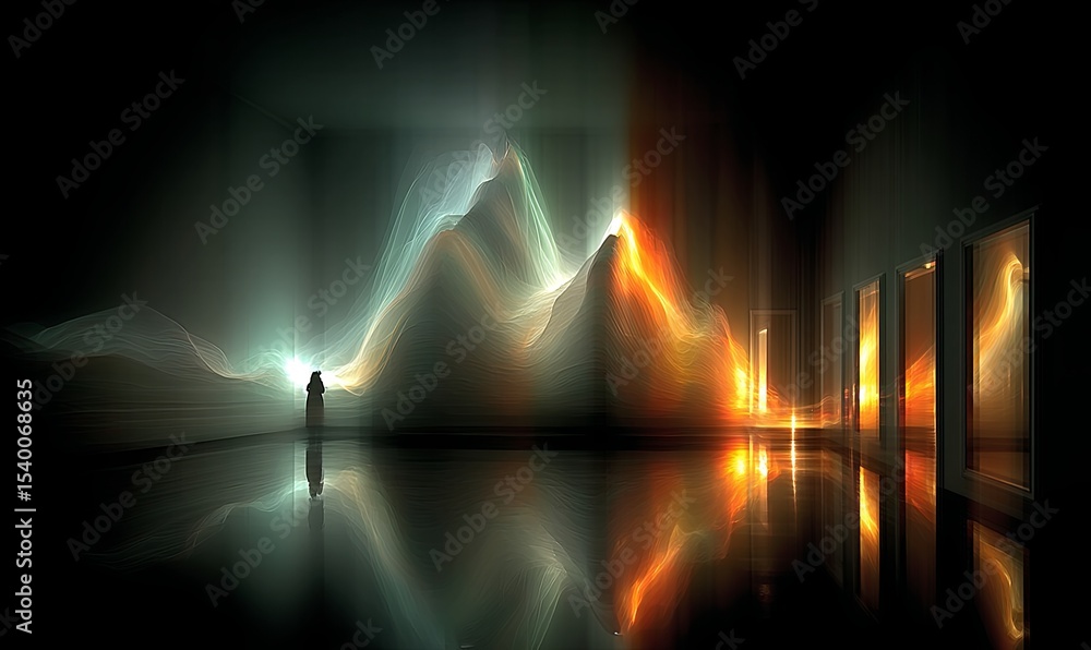 Poster abstract light display in a dark room with reflections