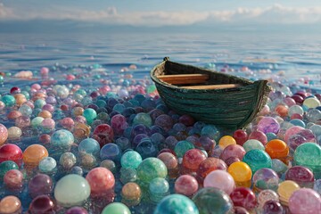 Weathered rowboat adrift on calm sea, surrounded by countless colorful translucent spheres under a bright sky