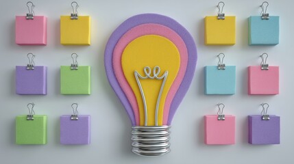 Colorful sticky notes arranged around textured layered light bulb cutout symbolizing idea generation and creative brainstorming