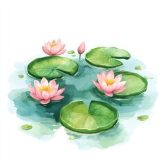 Watercolor illustration of pink lotuses and leaves on a pond