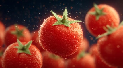 Close-up of a fresh red tomato covered in dewy water droplets, suspended in air, emphasizing ripeness, juiciness, and organic freshness