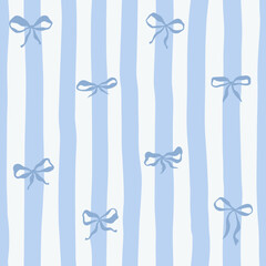 Blue Whimsical Vertical Stripes Bold Color Vector Seamless Pattern, Summer Striped Ribbon Bows Travel Themed Design, Coquette Fabric Textile, Kitchen Decor. Simple Illustration Background
