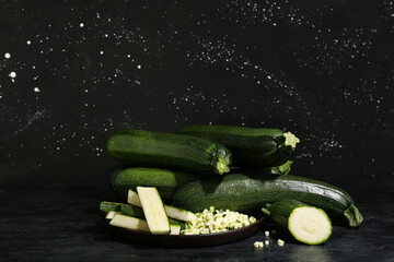 Many fresh zucchini and tray with slices on black table