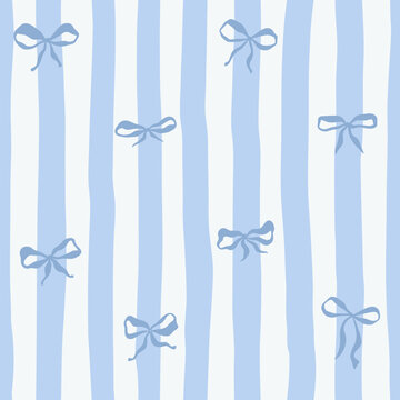 Blue Whimsical Vertical Stripes Bold Color Vector Seamless Pattern, Summer Striped Ribbon Bows Travel Themed Design, Coquette Fabric Textile, Kitchen Decor. Simple Illustration Background