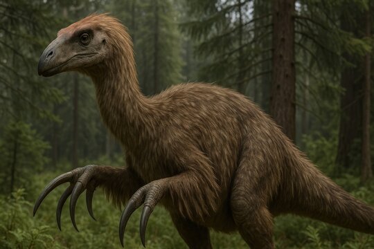Feathered dinosaur in forest
