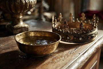 A golden bowl of water sits beside a jeweled crown on an antique wooden table, bathed in warm light