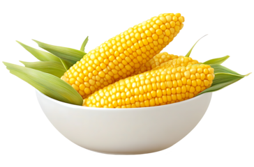 A Bowl Of Corn And Is Shown With In It Free PNG and Clipart. A bowl full of vibrant yellow corn kernels, with fresh green leaves adorning the sides, creating a vibrant and appetizing display.