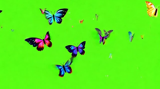 Butterflies on Green Screen: A vibrant collection of colorful butterflies flutter against a bright green screen, perfect for compositing and design projects.