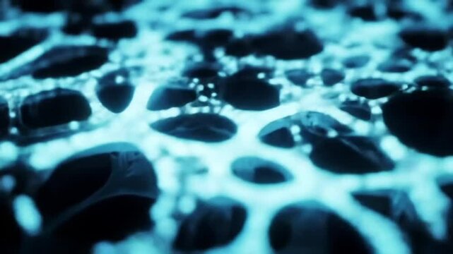 Close up of a blue abstract porous material with dark holes and a network of bright blue lines around them
